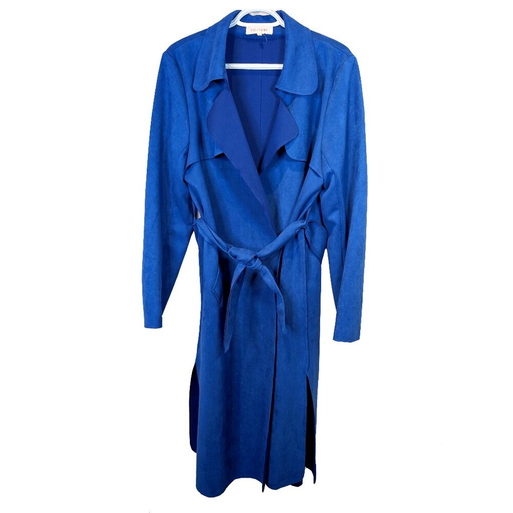 Solitaire Blue Faux Suede Trench belted Wrap Coat Size XL